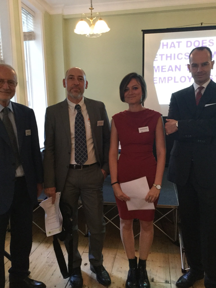 The panelists at the launch event on July 5th, 2018 in London (from right to left): Dr Lennart Brand, LEIZ; Guendolina Dondé, IBE; Simone de Colle, IÉSEG School of Management, Lille; Giuseppe Pitotti, Fondazione Sodalitas, Milan