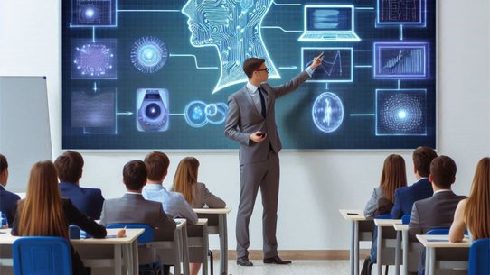 Prompt für dieses KI-Bild: ein kurs an einer universität, in dem künstliche intelligenz unterrichtet wird