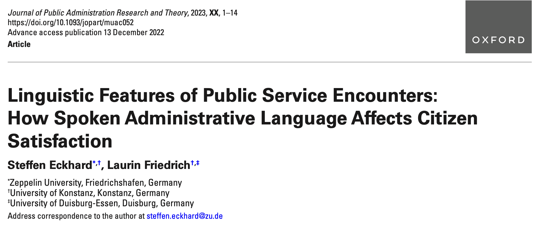 Publikation zu Linguistic Features of Public Service Encounters